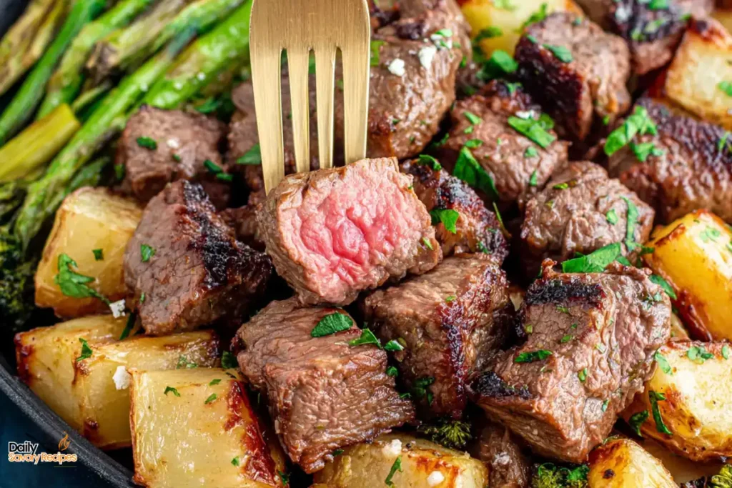 Garlic Butter Steak Bites and Potatoes in One Cast Iron Skillet 18 Final serving of garlic butter steak bites and potatoes with tender steak and golden potatoes