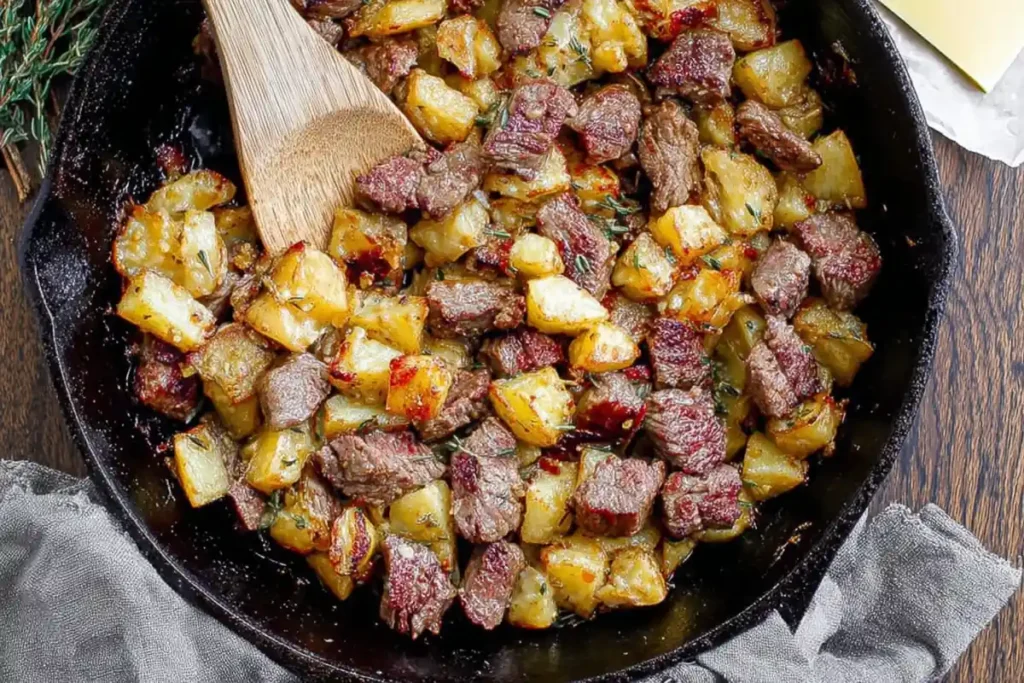 Garlic Butter Steak Bites and Potatoes in One Cast Iron Skillet 17 Finished garlic butter steak bites and potatoes tossed together in a cast iron skillet