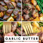Garlic butter steak bites and potatoes recipe served with golden potatoes and tender steak bites