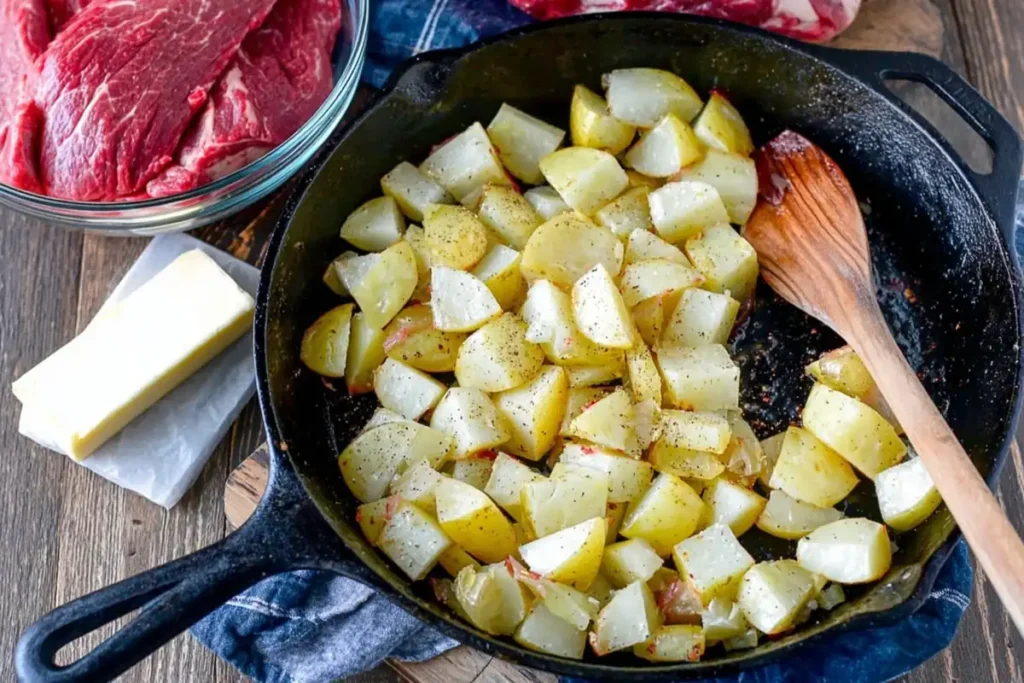 Garlic Butter Steak Bites and Potatoes in One Cast Iron Skillet 14 Yukon Gold potatoes in a skillet for garlic butter steak bites and potatoes