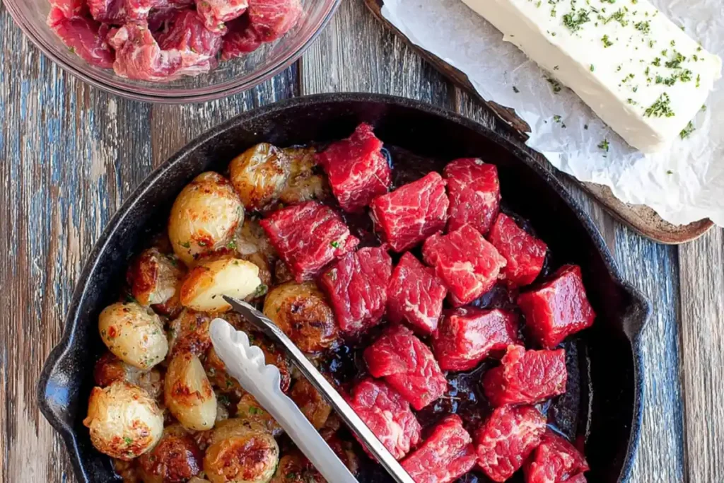 Garlic Butter Steak Bites and Potatoes in One Cast Iron Skillet 16 Steak bites added to skillet with potatoes for garlic butter steak bites and potatoes