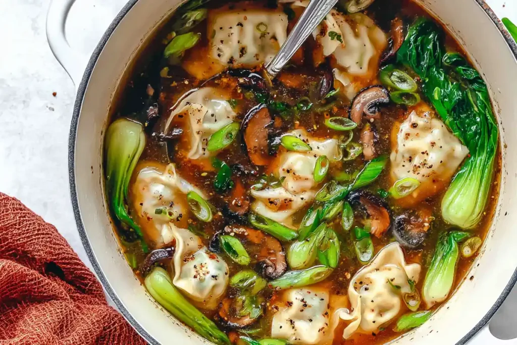 Potsticker Soup for Busy Weeknights 29 Potsticker Soup simmered in a white Dutch oven with potstickers, bok choy, shiitake mushrooms, and scallions