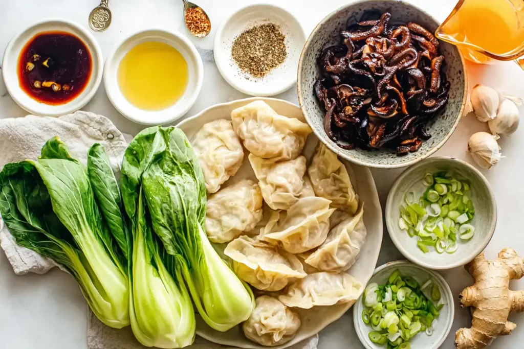 Potsticker Soup for Busy Weeknights 27 Potsticker Soup ingredients with frozen dumplings, bok choy, shiitake mushrooms, ginger, garlic, soy sauce, and broth
