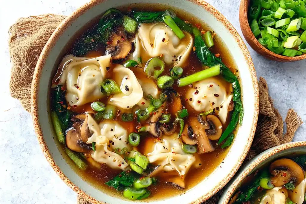 Potsticker Soup for Busy Weeknights 30 Potsticker Soup served in a ceramic bowl with dumplings, bok choy, scallions, shiitake mushrooms, and pepper
