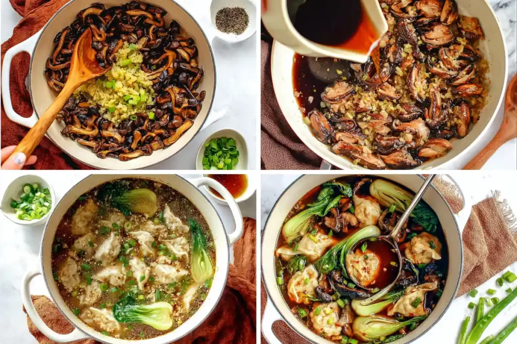 Potsticker Soup for Busy Weeknights 28 Potsticker Soup cooking steps showing browned mushrooms, broth, dumplings, bok choy, and finished soup