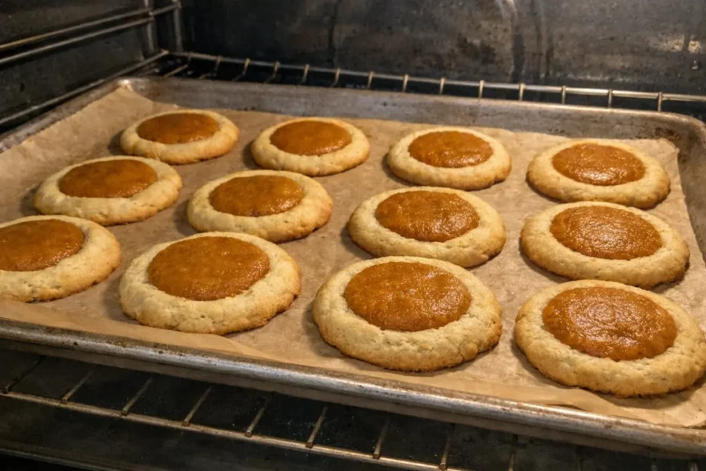 Pumpkin Pie Cookies 9 Pumpkin pie cookies baking on a parchment-lined tray inside my oven