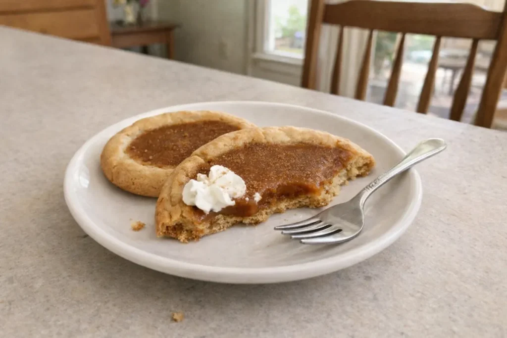 Pumpkin Pie Cookies 10 Half-eaten pumpkin pie cookies on a small plate with a fork beside them