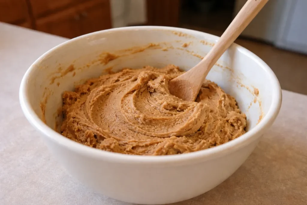 Pumpkin Pie Cookies 8 Cookie dough for pumpkin pie cookies in a mixing bowl with a spoon resting inside