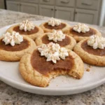 Plate of homemade pumpkin pie cookies with whipped cream topping sitting on my kitchen counter