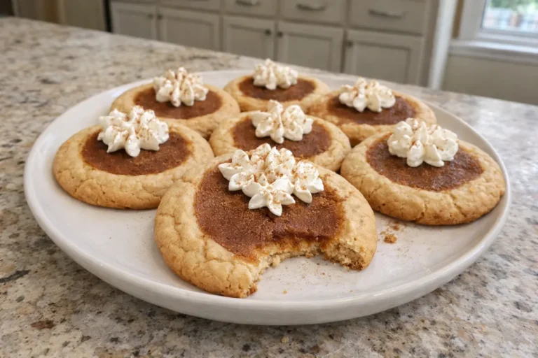 Plate of homemade pumpkin pie cookies with whipped cream topping sitting on my kitchen counter
