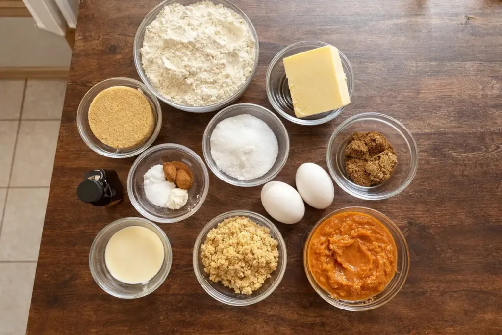Pumpkin Pie Cookies 7 All the ingredients for pumpkin pie cookies laid out in small bowls on my kitchen table