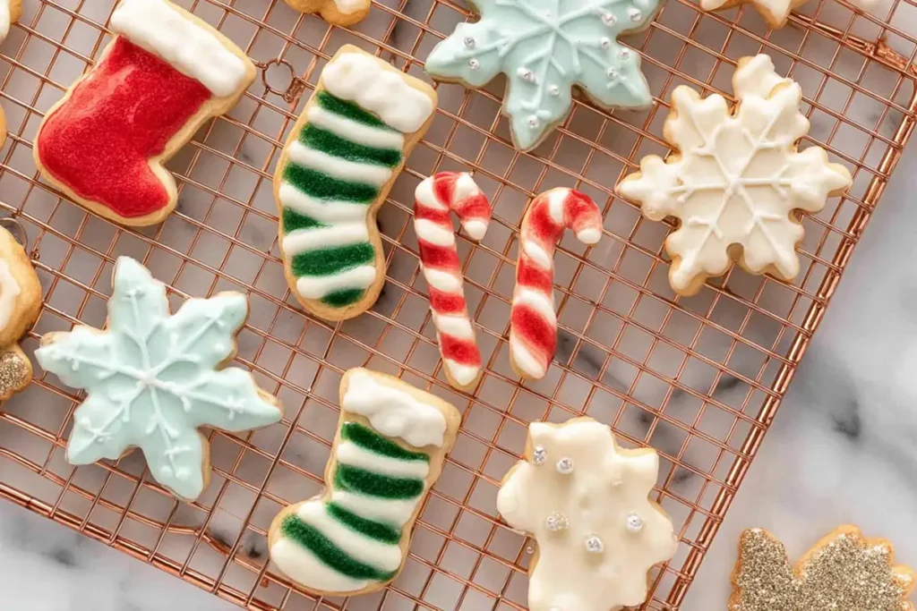 Decorated holiday cookies with set Sugar Cookie Icing on a copper cooling rack
