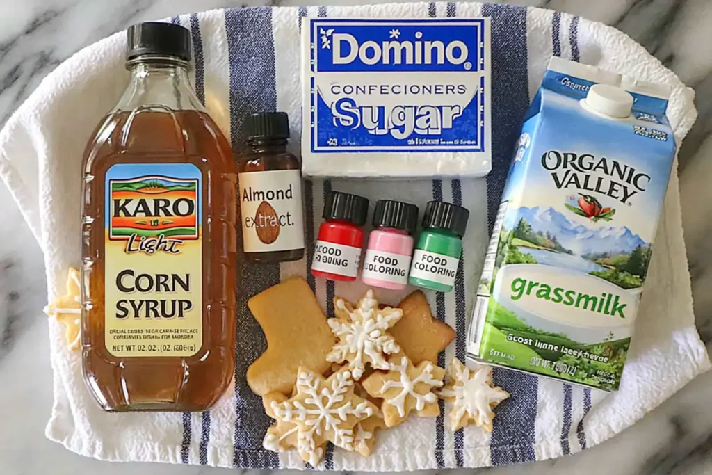 Sugar Cookie Icing ingredients with powdered sugar milk corn syrup extract and food coloring