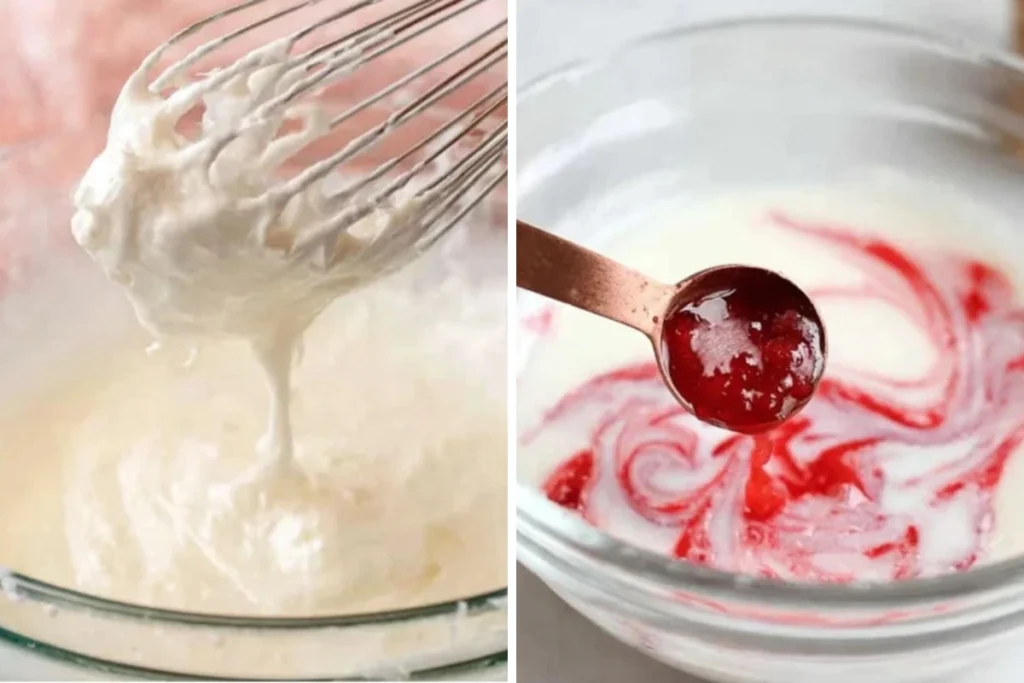 Glossy Sugar Cookie Icing mixed smooth with red food coloring swirled in a bowl