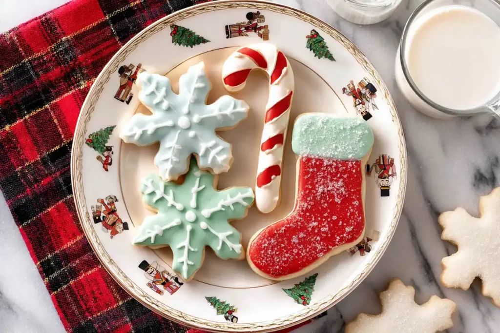 Plated holiday cookies decorated with Sugar Cookie Icing beside a red plaid towel