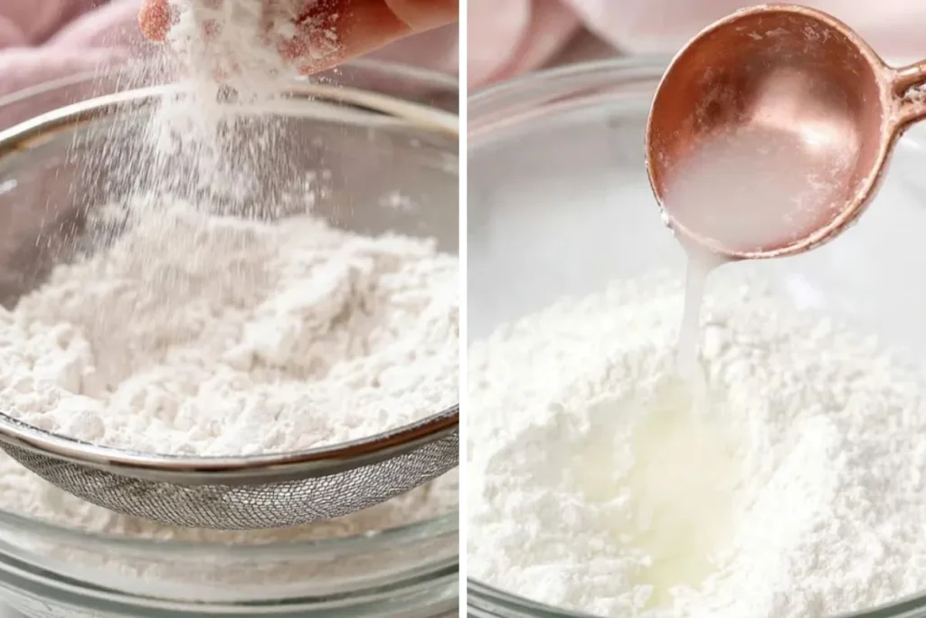 Sifted powdered sugar for smooth Sugar Cookie Icing in a glass mixing bowl