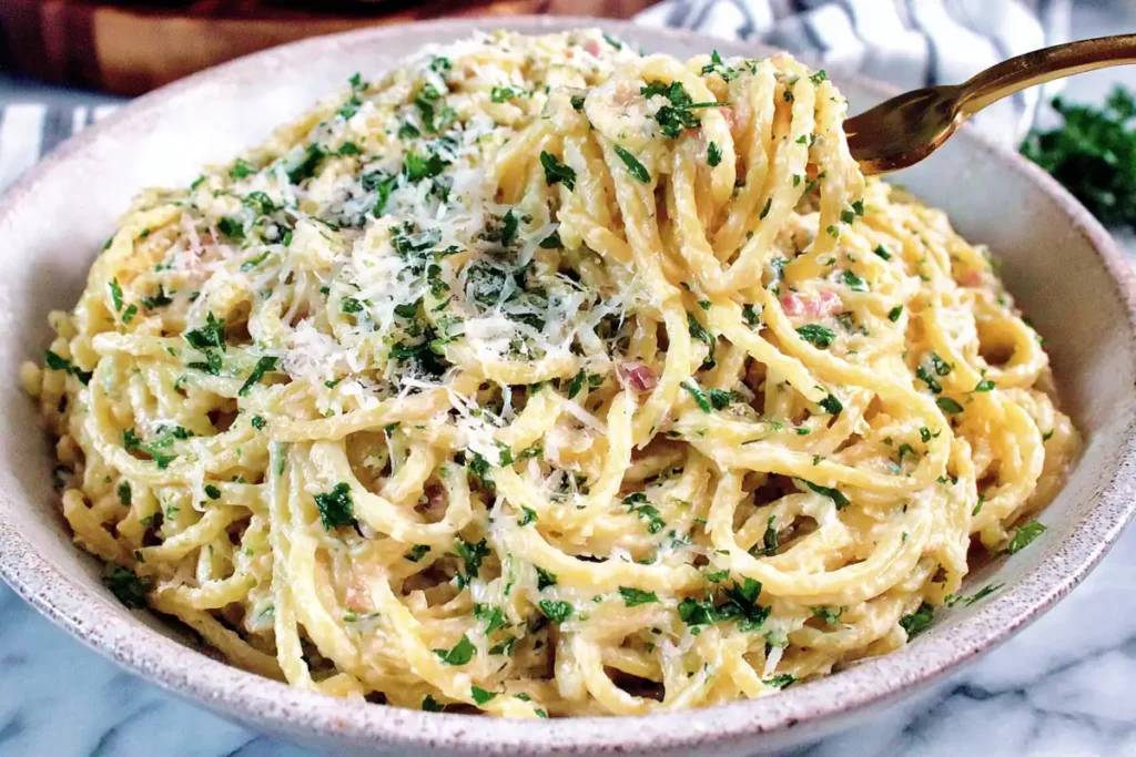 steaming serving of Creamy Garlic Pasta with parmesan and parsley