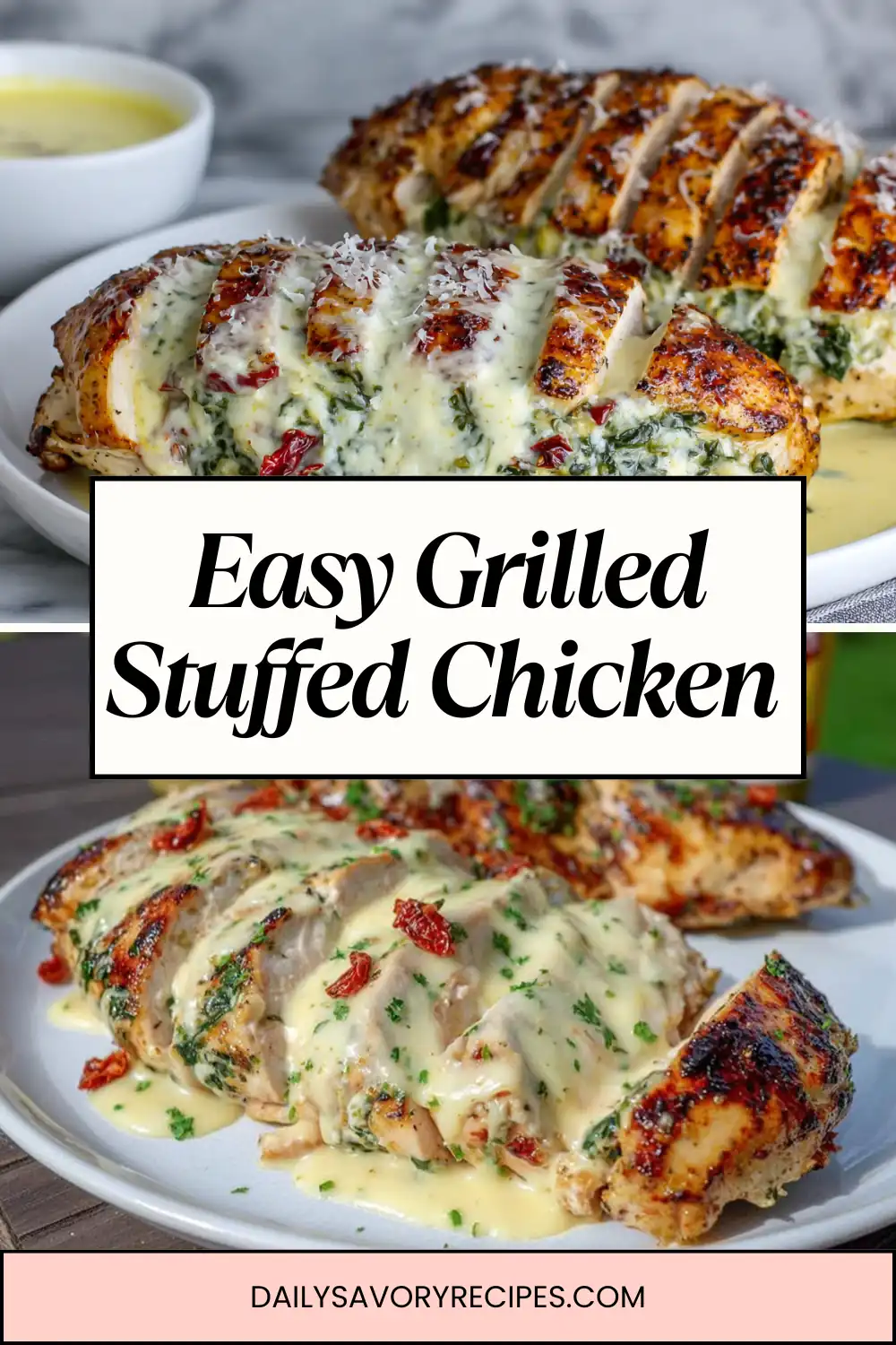 homemade Grilled Stuffed Chicken with spinach and sun-dried tomato filling