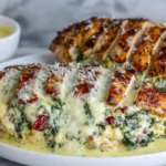 plated Grilled Stuffed Chicken with spinach sun-dried tomato filling and parmesan cream sauce