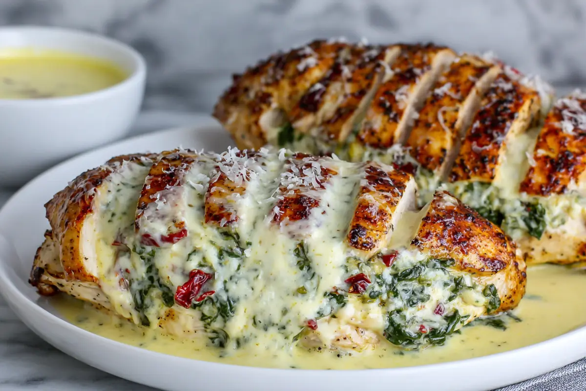 plated Grilled Stuffed Chicken with spinach sun-dried tomato filling and parmesan cream sauce