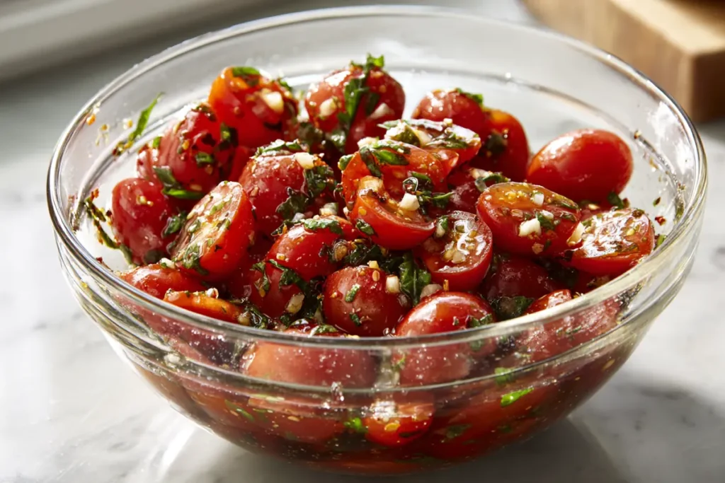 Summer Garden Pasta That Tastes Like Peak Tomato Season 8 tomatoes marinating with garlic basil and olive oil for Summer Garden Pasta sauce