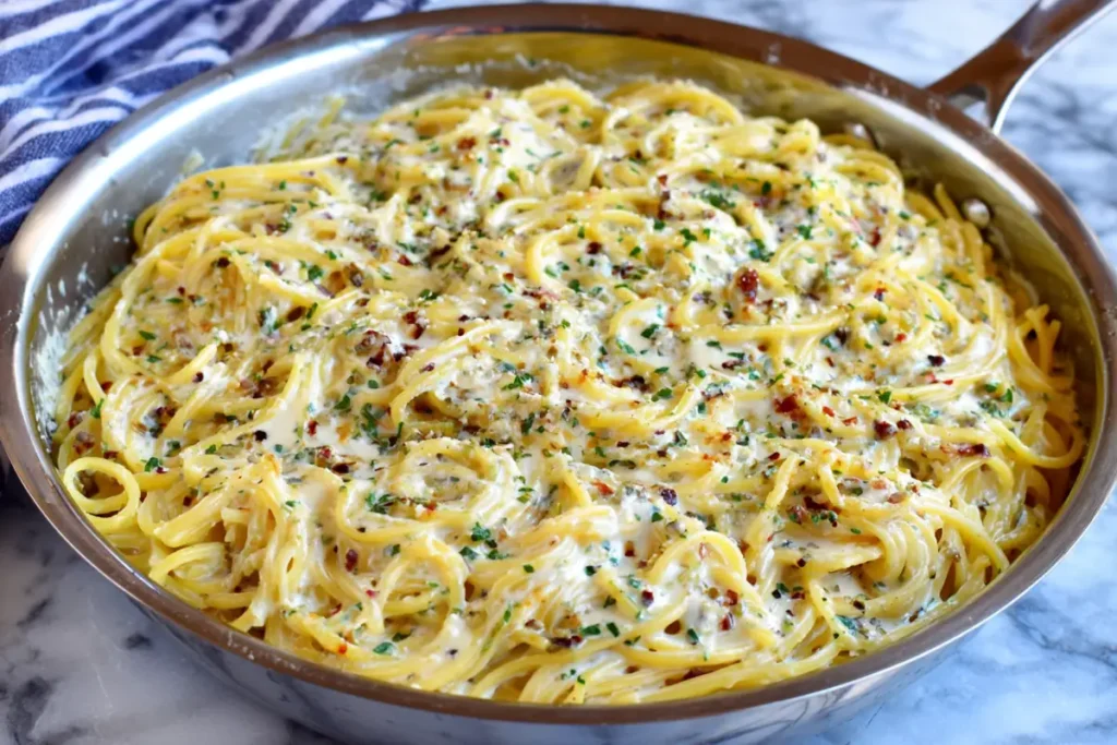 spaghetti simmering in milk sauce while making Creamy Garlic Pasta