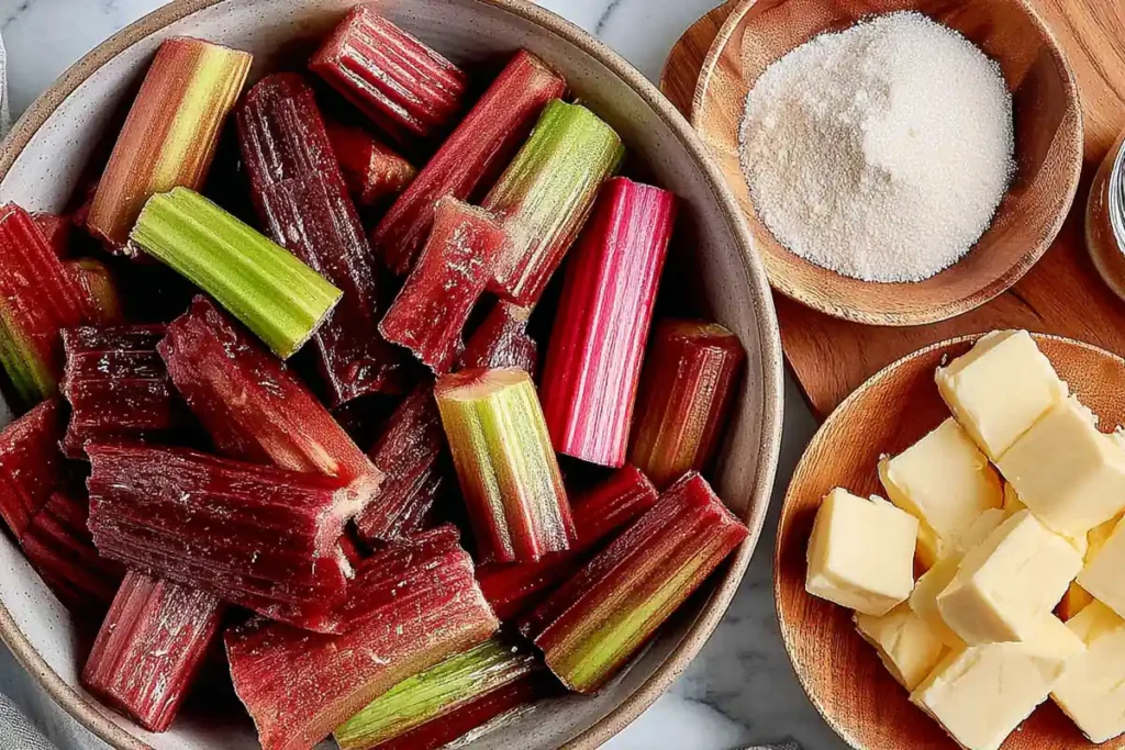 ingredients for rhubarb scones including rhubarb butter flour and sour cream