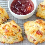 rhubarb scones with sour cream served warm on wooden board