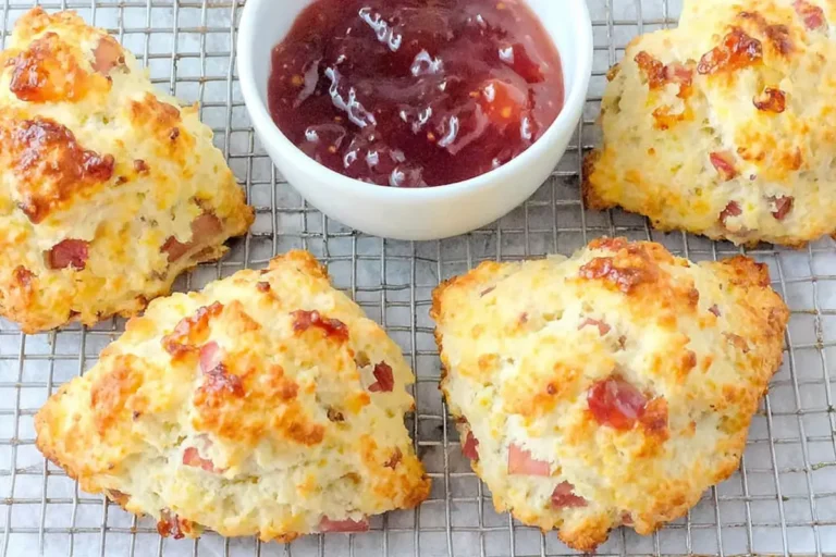 rhubarb scones with sour cream served warm on wooden board