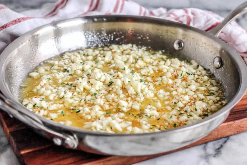 garlic sautéing in butter in a pan for Creamy Garlic Pasta sauce base