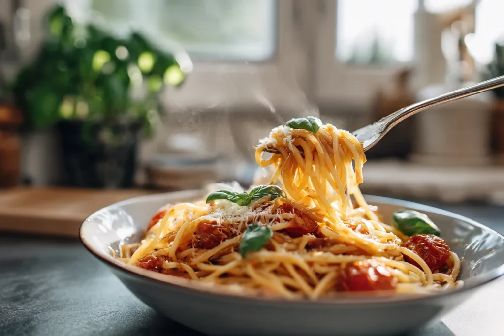 Summer Garden Pasta That Tastes Like Peak Tomato Season 10 freshly served Summer Garden Pasta with basil and Parmesan in a bright kitchen