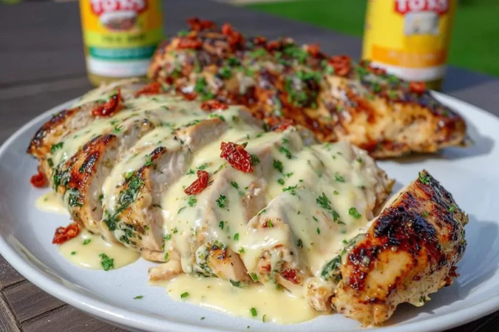 sliced Grilled Stuffed Chicken showing creamy spinach filling and parmesan sauce