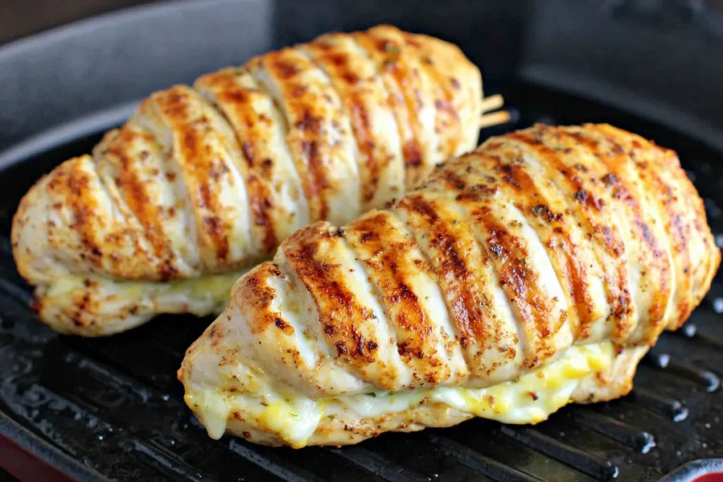 Grilled Stuffed Chicken cooking on a grill pan with spinach filling inside