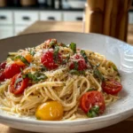 plated Summer Garden Pasta with cherry tomatoes, basil, and Parmesan in a bright home kitchen