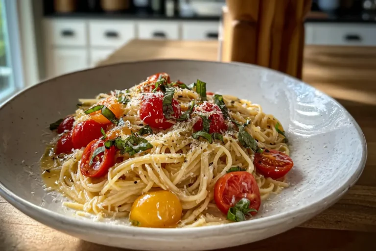 plated Summer Garden Pasta with cherry tomatoes, basil, and Parmesan in a bright home kitchen