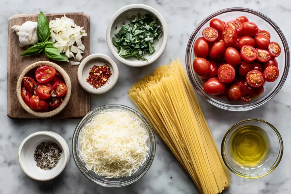 Summer Garden Pasta That Tastes Like Peak Tomato Season 7 ingredients for Summer Garden Pasta including cherry tomatoes, basil, garlic, olive oil, and angel hair pasta
