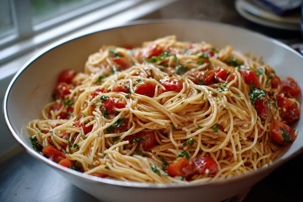 Summer Garden Pasta That Tastes Like Peak Tomato Season 9 hot pasta tossed with marinated tomatoes for Summer Garden Pasta in a home kitchen