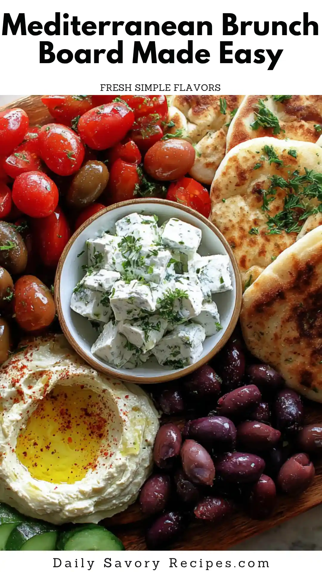 Mediterranean Brunch Board recipe with creamy dips, warm flatbreads, fresh vegetables, olives, and feta