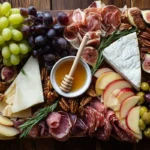 Chef Taha Ayad's Recipe Artisan Charcuterie Board with cured meats, cheeses, fruit, nuts, olives, and honey