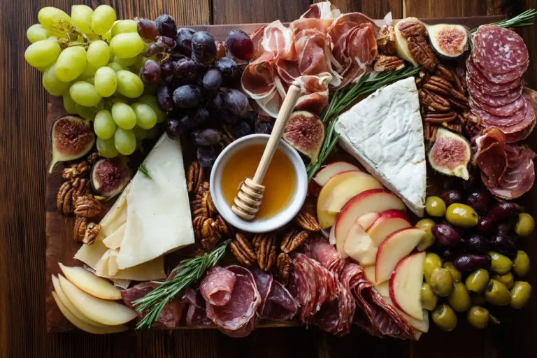 Chef Taha Ayad's Recipe Artisan Charcuterie Board with cured meats, cheeses, fruit, nuts, olives, and honey