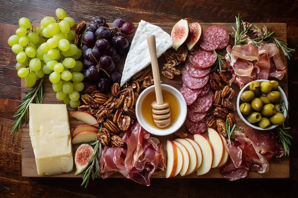 Artisan Charcuterie Board with folded cured meats, cheeses, grapes, apples, olives, nuts, crackers, and fig jam