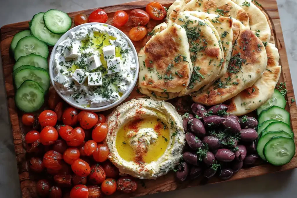 Mediterranean Brunch Board with warm flatbreads, creamy dips, feta, olives, cucumbers, and tomatoes