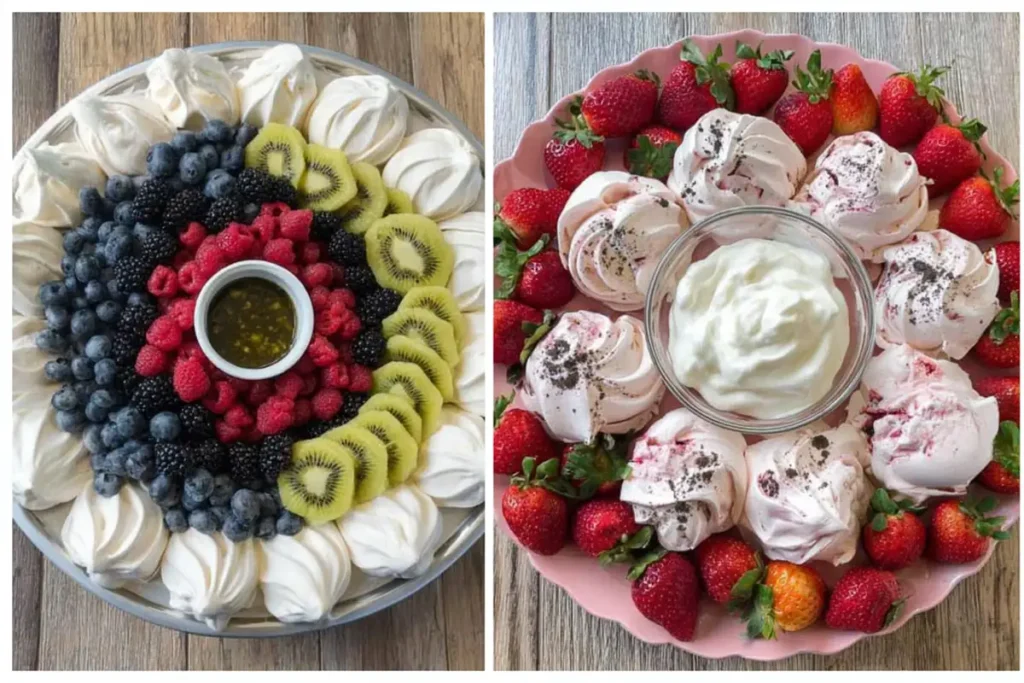 Assembled Pavlova Grazing Platter with meringue nests and fresh fruit ready to serve