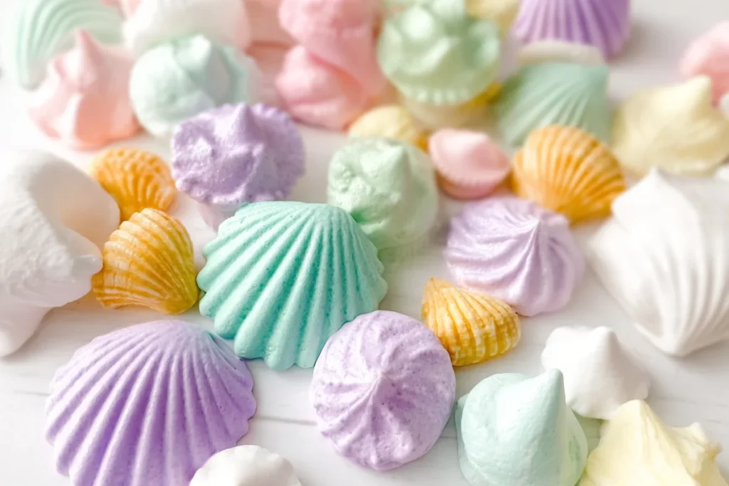 Beach cupcake decorating supplies with pastel shells and sea-themed candy toppers