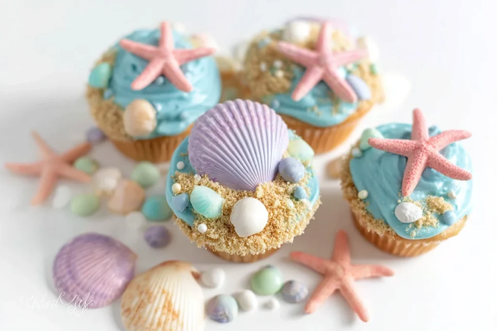 Close-up beach cupcakes with ocean blue frosting and graham cracker sand