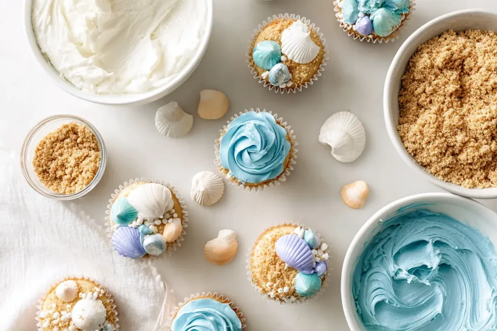 beach-cupcakes-decorating-setup
