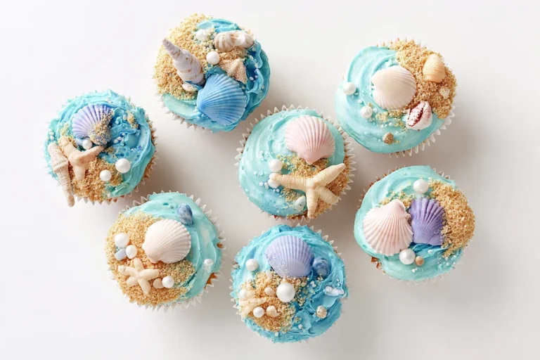 Chef Taha Ayad's Recipe Beach Cupcakes decorated with blue frosting, graham cracker sand, and candy seashells
