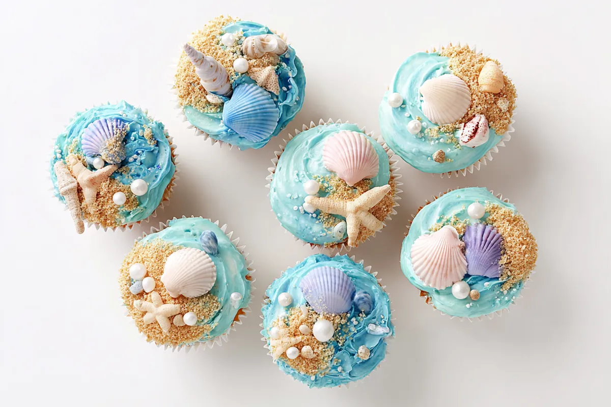 Chef Taha Ayad's Recipe Beach Cupcakes decorated with blue frosting, graham cracker sand, and candy seashells