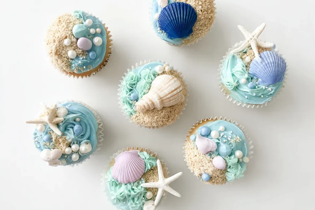 Beach cupcakes arranged on a white table with ocean frosting and sandy graham cracker topping
