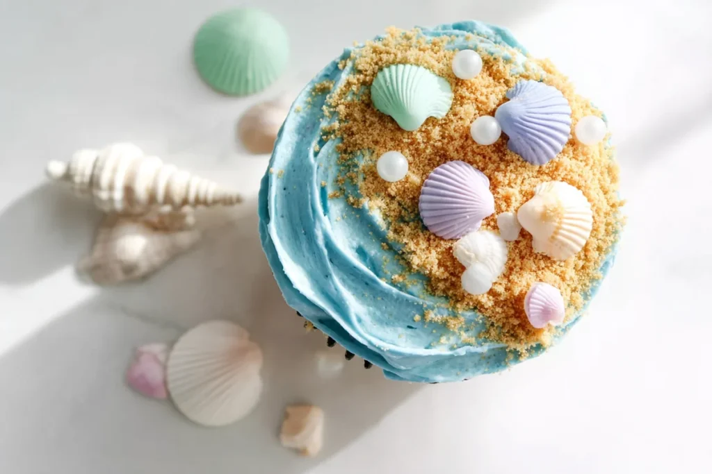 Finished beach cupcakes with blue frosting, shell candies, and white sprinkle details